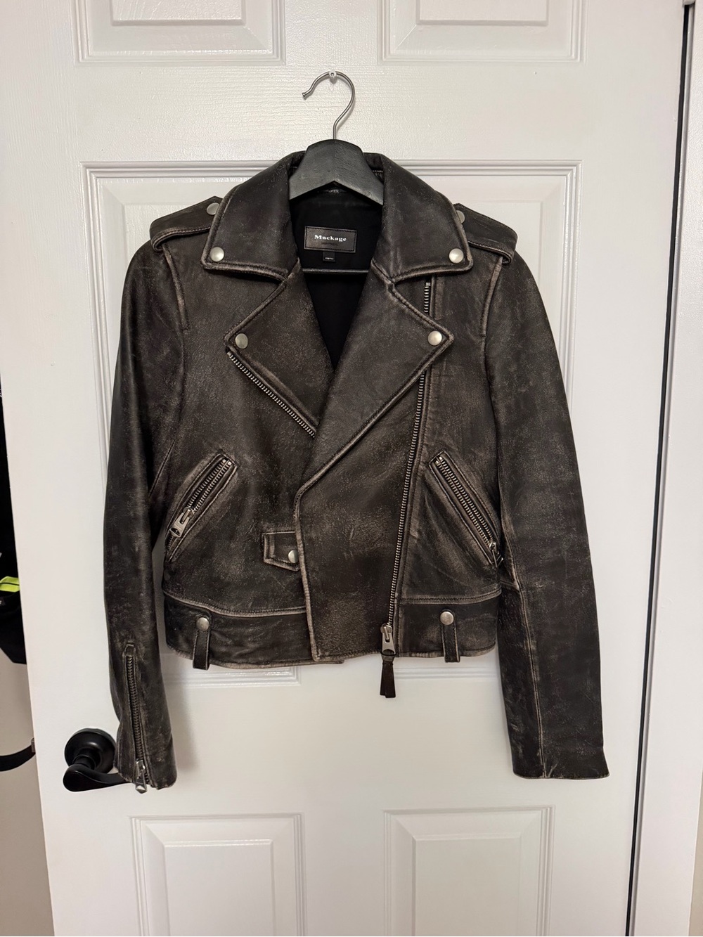 Mackage Distressed Black Leather Moto Jacket